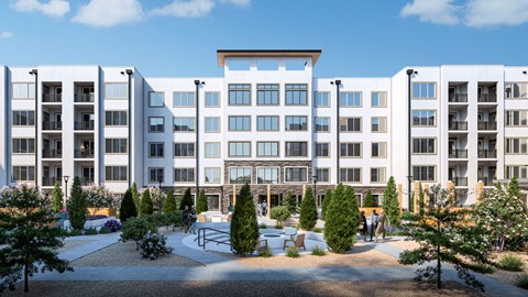 a rendering of an apartment building with a courtyard and trees